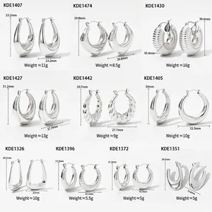Collection of various hollow stainless steel hoop earrings with sizes and weights