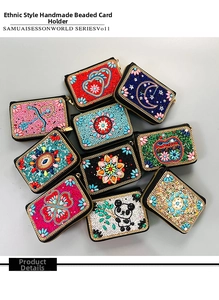 Close-up of bohemian handmade beaded card holders with intricate ethnic patterns and zippers