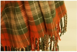 Close-up of red and green plaid scarf texture with soft fringe edge detailing
