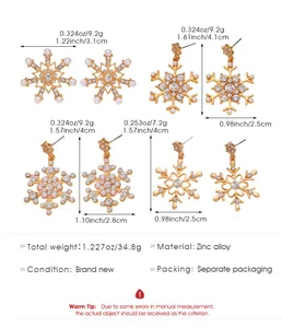 Size chart showing dimensions and weight for four styles of snowflake earrings in gold