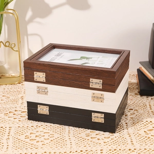 Three-piece folding wooden photo frame set with glass covers in brown, white and black wood