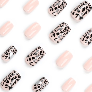 Short square leopard print press-on nails set with soft pink and silver mirror accents