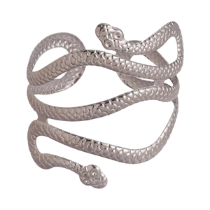 Silver double-headed snake wrap bracelet with detailed scales on white background