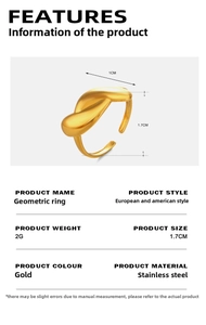 Detail of gold geometric stainless steel ring showing 1.7cm size and 2g weight specs