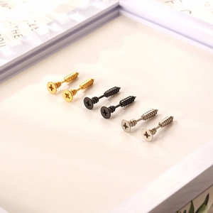 Punk style screw-shaped stud earrings in gold, black, and silver stainless steel