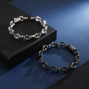 Bracelets chaîne punk hip-hop pour hommes en acier argenté et noir mat géométrique