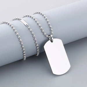 Polished silver stainless steel military dog tag pendant necklace with ball chain