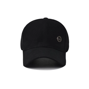 Black cotton canvas baseball cap with a silver metallic M-logo detail on a white background