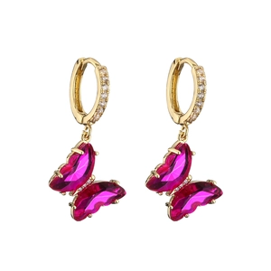 Detail of pink crystal butterfly charm earrings with gold cubic zirconia hoops
