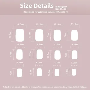 Detailed size chart for press-on nails showing dimensions for 12 sizes and 24 pieces