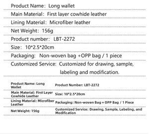 Detailed specifications of genuine cowhide long wallet including size, material and weight