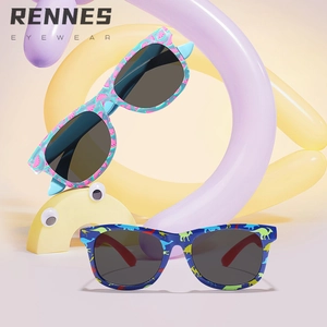 Kid's sunglasses set with blue frames featuring cute dinosaur and watermelon patterns