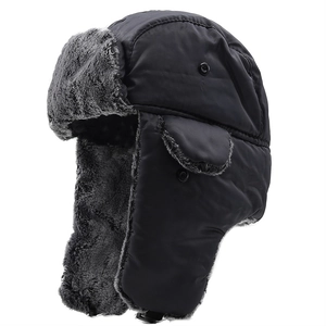 Winter windproof bomber hat with warm grey faux fur lining and adjustable chin strap