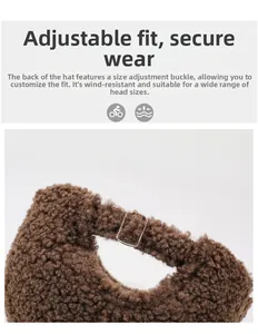 Close-up of adjustable metal buckle on brown lamb wool baseball cap for customized fit