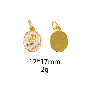 Detailed views of 12x17mm gold carnation pendants with pink enamel and Rose engraving
