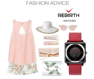 Flat lay of square quartz watch with red leather strap and stylish summer fashion outfit