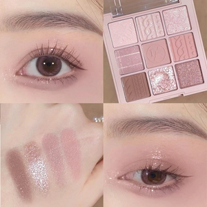 Detail showing 9-color eyeshadow palette with pink tones on skin and models eyes
