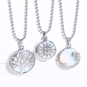 Vintage Copper Opal Pendant Necklace For Women Retro Sun Moon Tree Of Life Dragon Pattern Ethnic Fashion Jewelry Gift