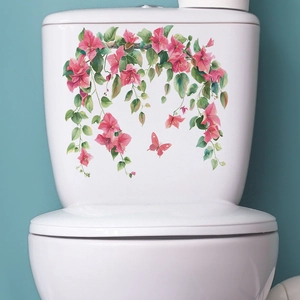 Self-adhesive floral toilet stickers featuring pink bougainvillea and butterfly designs