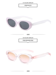 Side view of oval sunglasses in pink and black frames with classic UV protection lenses