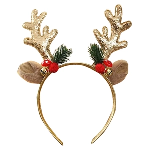 Christmas reindeer antler headband with gold glitter, bells, and red berry decorations