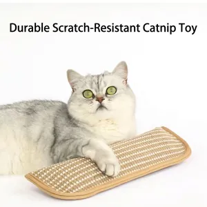 Durable sisal cat scratching pad with catnip and a silver tabby cat playing