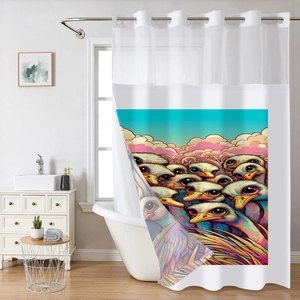 Detail view of colorful ostrich print on waterproof fabric of this modern shower curtain