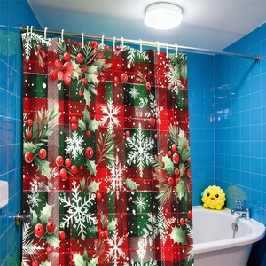 Christmas shower curtain with red and green plaid patterns and white snowflakes