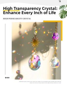 Macro detail of suncatcher crystal pendant with golden sun metal link for window hanging