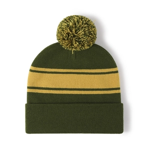 Winter striped knit beanie in forest green and ginger yellow with a large pom-pom top