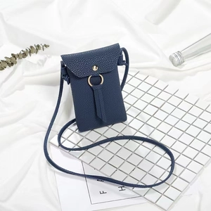 Navy blue pebble grain crossbody phone bag for women with elegant golden ring accent