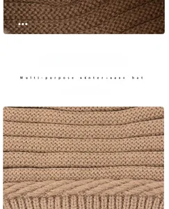 Gros plan du bonnet d'hiver en tricot camel montrant la texture épaisse et les détails