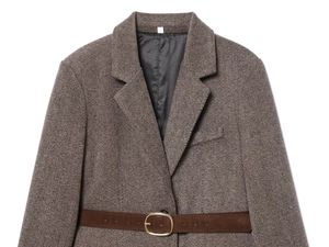 Close-up of brown herringbone blazer with matching suede belt and gold buckle