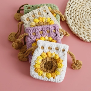 Handmade Crochet Sunflower Coin Purse Cotton Yarn Mini Drawstring Bag For Earphones Lipstick Floral Sweet Style Women