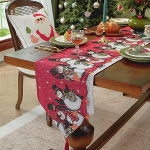 Christmas snowman and penguin jacquard table runner with red fabric and tassels