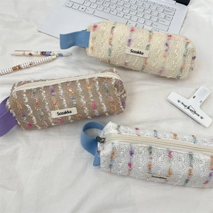 Floral knit large capacity pencil case with zipper and portable ribbon handle
