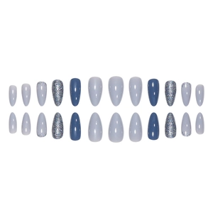 Glossy blue and grey glitter oval press-on nails with 24 pieces set in minimalist layout