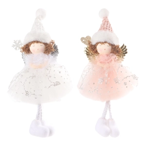 Christmas angel plush pendant with white and pink knit hats and sequin mesh wings