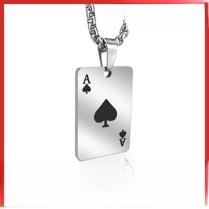 Detail of Ace of Spades rectangular pendant in polished stainless steel with ring chain
