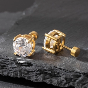 8mm gold surgical steel stud earrings featuring brilliant round clear zircon crystals