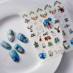 5D embossed Christmas nail stickers featuring polar bear, elk and snowflake designs