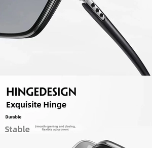 Close-up of durable metal hinge with three rivets on black sunglasses frame