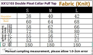 Size chart showing S-L measurements for knitted pleated top with double-folded collar