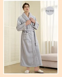 Detail of haze grey thick fleece robe featuring wide lapels and soft plush piping