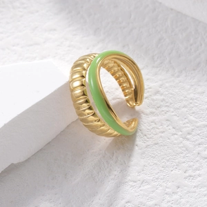 French vintage double-layered gold ring with green enamel and pleated croissant texture