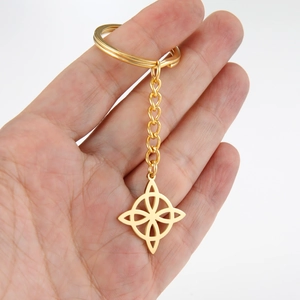 Goldener Edelstahl-Schlüsselanhänger mit Hexenknoten und keltischer Geometrie in der Hand gehalten