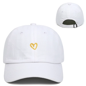 White cotton baseball cap with yellow heart embroidery and adjustable metal buckle