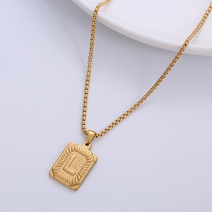 Minimalist 18k gold plated stainless steel rectangle pendant with letter L engraving