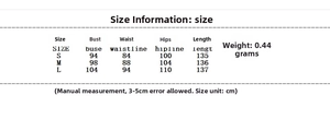 Detailed size chart for women dress showing bust, waist and hip measurements in cm