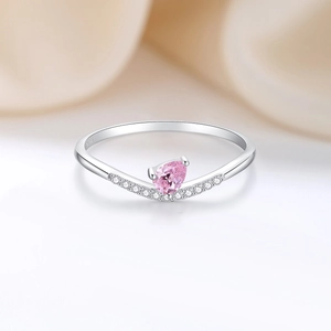 Sparkling S925 sterling silver ring with pink pear-cut zircon and accent stones